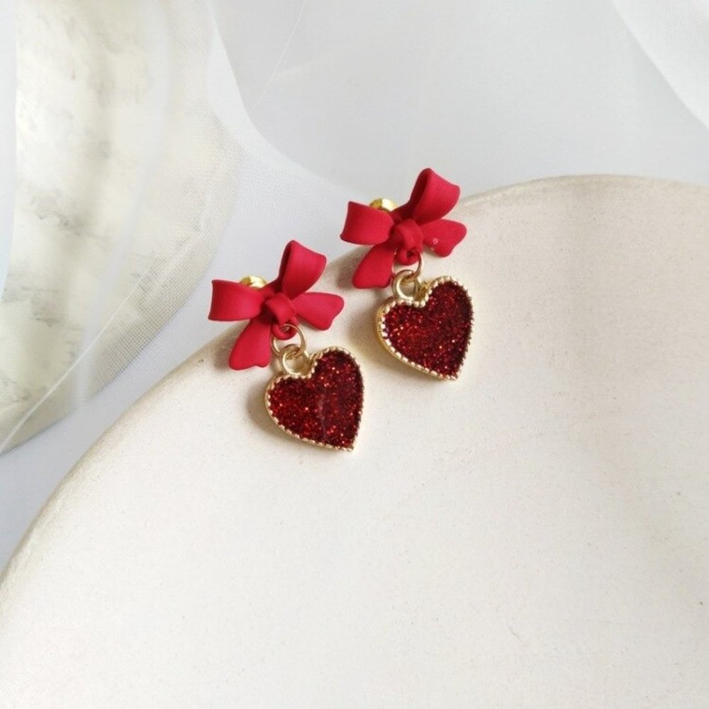 Sweet Jewelry Earrings Red Bowknot Shiny Bling Bli